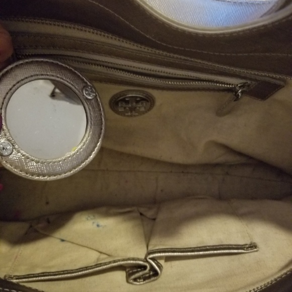 Authentic Tory Burc Silver Perforated Logo Handbag - Picture 5 of 8